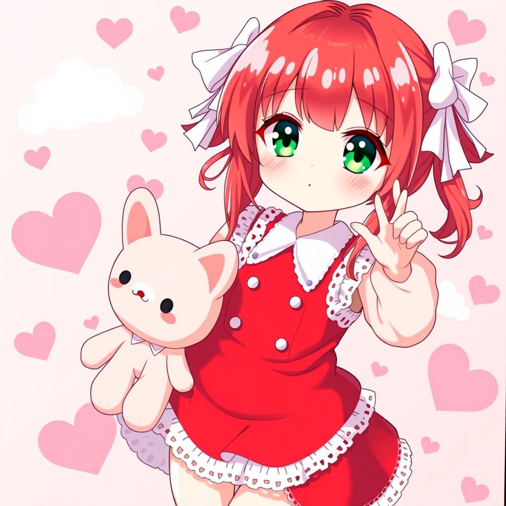 A cute red and white themed anime girl, styled in an adorable kawaii fashion