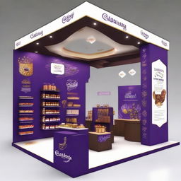 Design a 240x160x150 cm Cadbury stand, merging smart design with Ramadan allure. The stand should display Islamic-inspired shapes, glass panels, soft lighting, and shelves embellished with Ramadan lanterns, creating a perfect blend of innovation and chocolate indulgence.