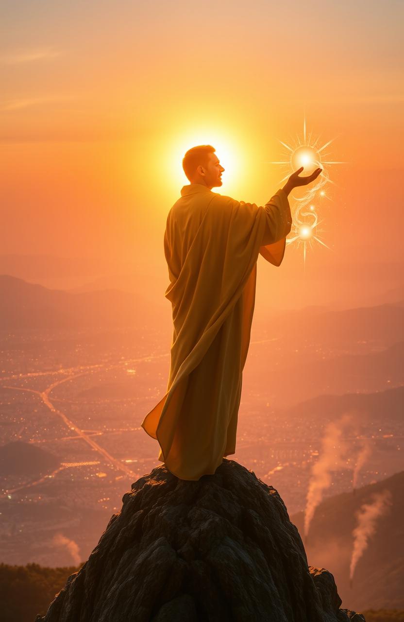 A majestic figure standing on a mountain peak at sunrise, overlooking a vast city spread beneath