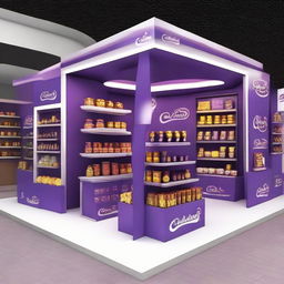 Design a 240x160x150 cm Cadbury stand, merging smart design with Ramadan allure. The stand should display Islamic-inspired shapes, glass panels, soft lighting, and shelves embellished with Ramadan lanterns, creating a perfect blend of innovation and chocolate indulgence.