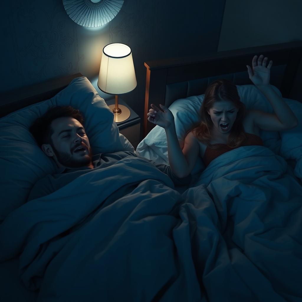 A scene depicting a bedroom at night, with a man asleep in bed, appearing troubled and unaware
