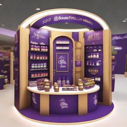 Design a 240x160x150 cm Cadbury stand, merging smart design with Ramadan allure. The stand should display Islamic-inspired shapes, glass panels, soft lighting, and shelves embellished with Ramadan lanterns, creating a perfect blend of innovation and chocolate indulgence.