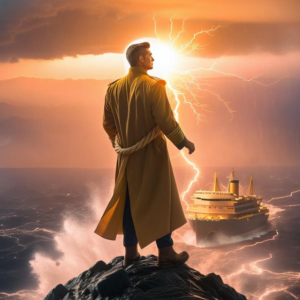 A determined ship captain stands at the helm of a grand vessel, steering through a storm. Lightning illuminates their face, reflecting courage, resilience, and unwavering leadership