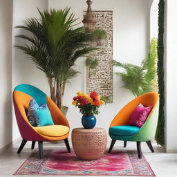 Two chairs set in a modern Arabic design bursting with color and surrounded by lush, contemporary plants, adding a touch of freshness to the vibrant decor.