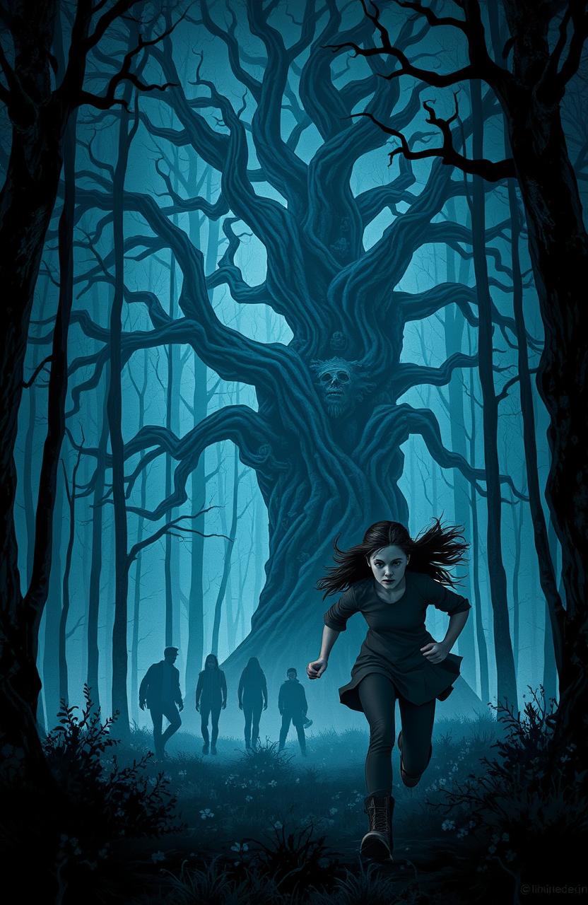 A chilling and atmospheric scene depicting a dense, shadowy forest at night, with tall trees whose branches twist in unnatural shapes