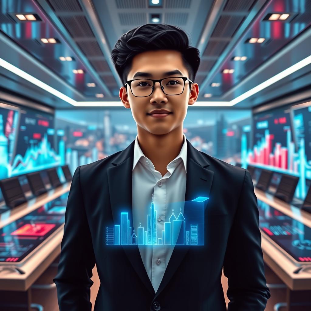 A young leader standing confidently in a sleek, modern boardroom, surrounded by vibrant holographic charts and futuristic cityscapes projected around them