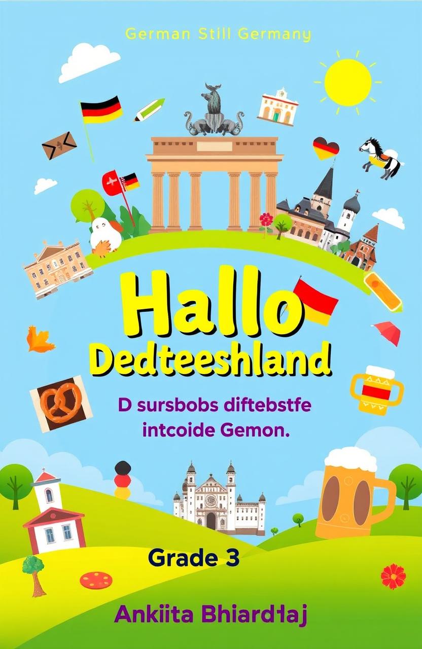 A vibrant and engaging book cover for a German language book titled 'Hallo Deutschland'