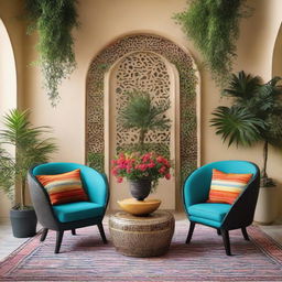 Two chairs set in a modern Arabic design bursting with color and surrounded by lush, contemporary plants, adding a touch of freshness to the vibrant decor.