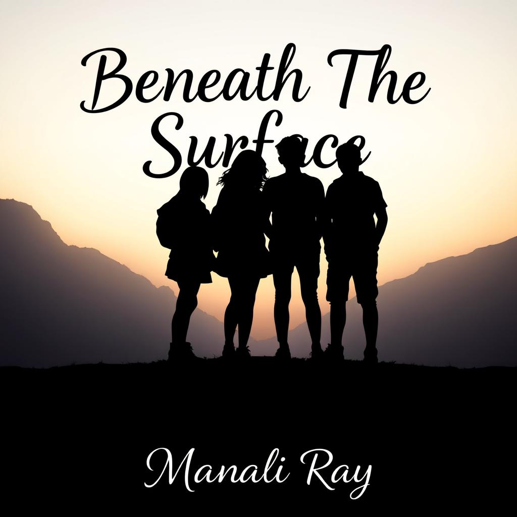 The silhouettes of four friends—two girls and two boys—standing closely together in the center of a serene landscape, with the outer two figures removed for a focused composition