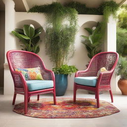 Two chairs set in a modern Arabic design bursting with color and surrounded by lush, contemporary plants, adding a touch of freshness to the vibrant decor.