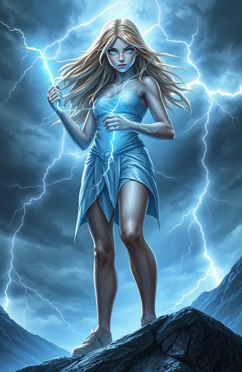A powerful blonde girl standing tall in a dramatic, stormy landscape, embodying the mythical qualities of Zeus