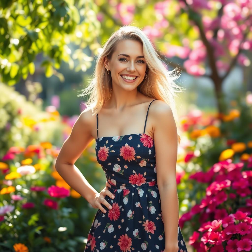 A petite blonde woman with a bright smile, wearing a stylish summer dress, surrounded by a vibrant garden filled with colorful flowers