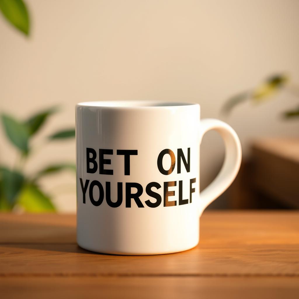 A minimalist white coffee mug featuring the exact phrase "BET ON YOURSELF" printed in bold, stylish typography on the side