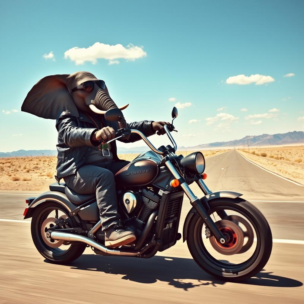 A motorcycle with car wheels, being driven by a rockstar elephant wearing a black leather jacket, cruising down a deserted highway