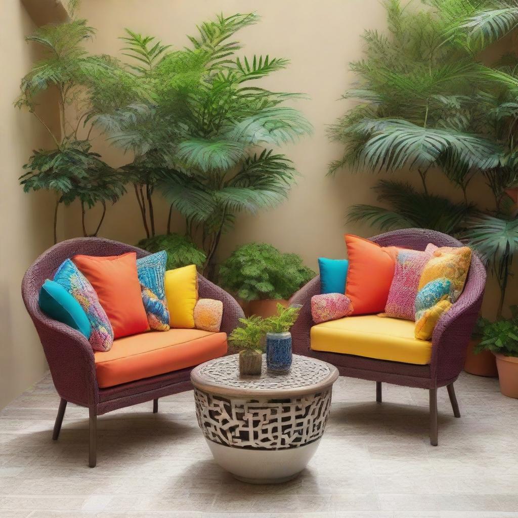 Two chairs set in a modern Arabic design bursting with color and surrounded by lush, contemporary plants, adding a touch of freshness to the vibrant decor.