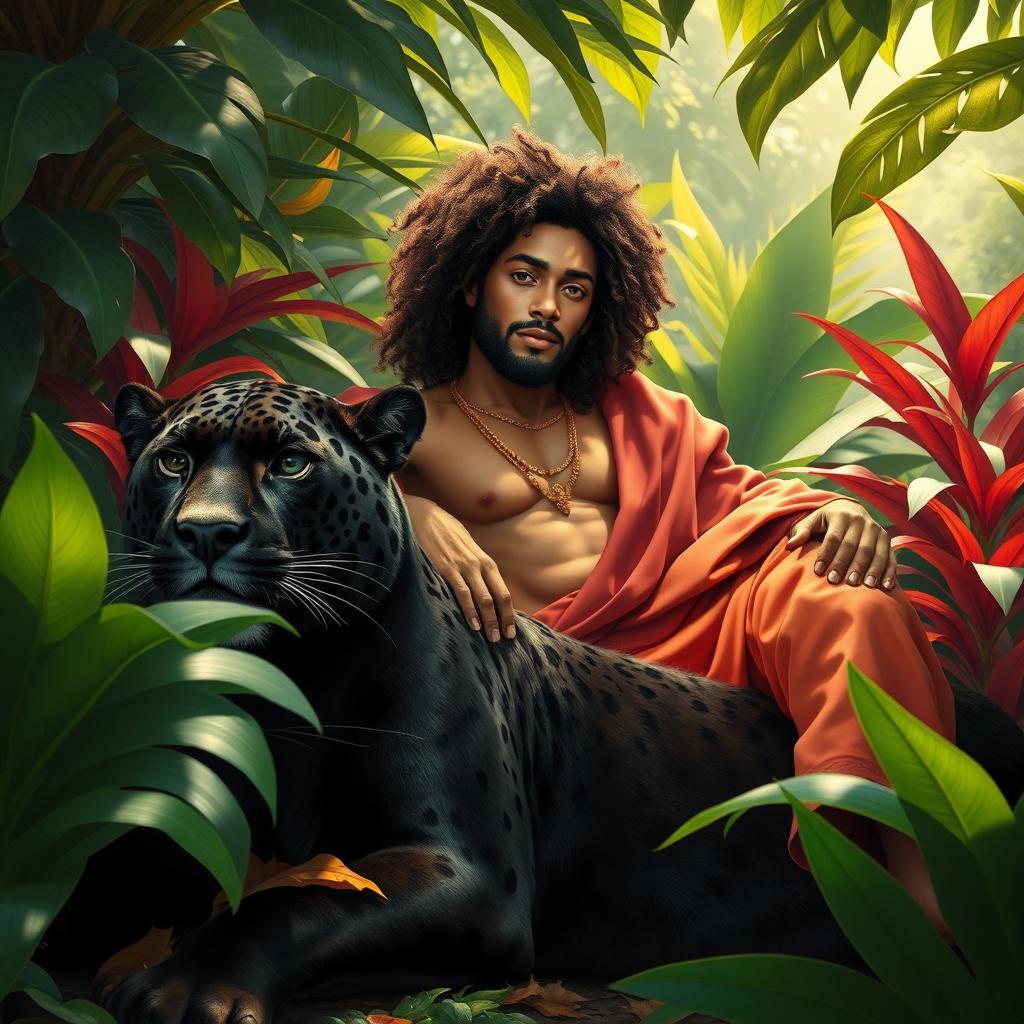 A unique depiction of Jesus Christ with Afro-descendant features, reclining gracefully on a majestic black panther in a lush, vibrant jungle setting