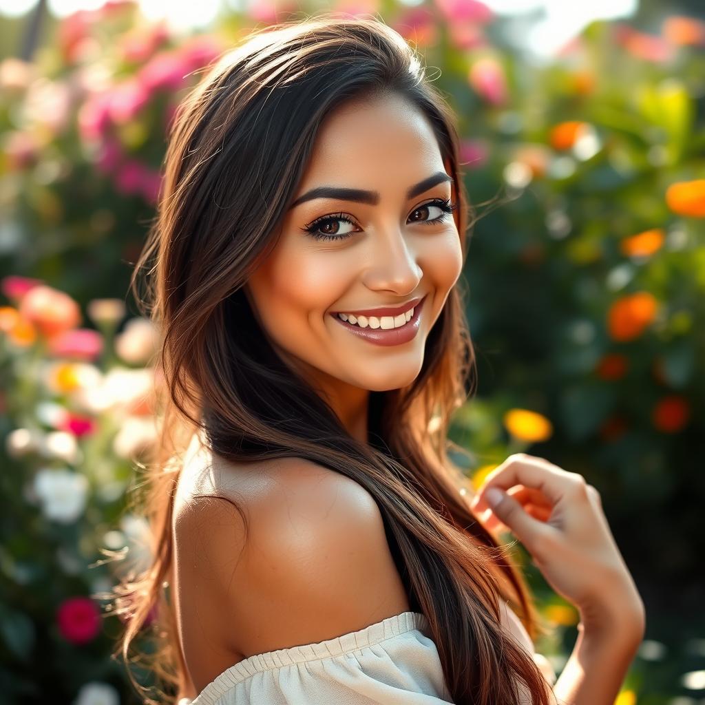 A simply beautiful woman with a captivating smile, posing gracefully in a serene outdoor setting