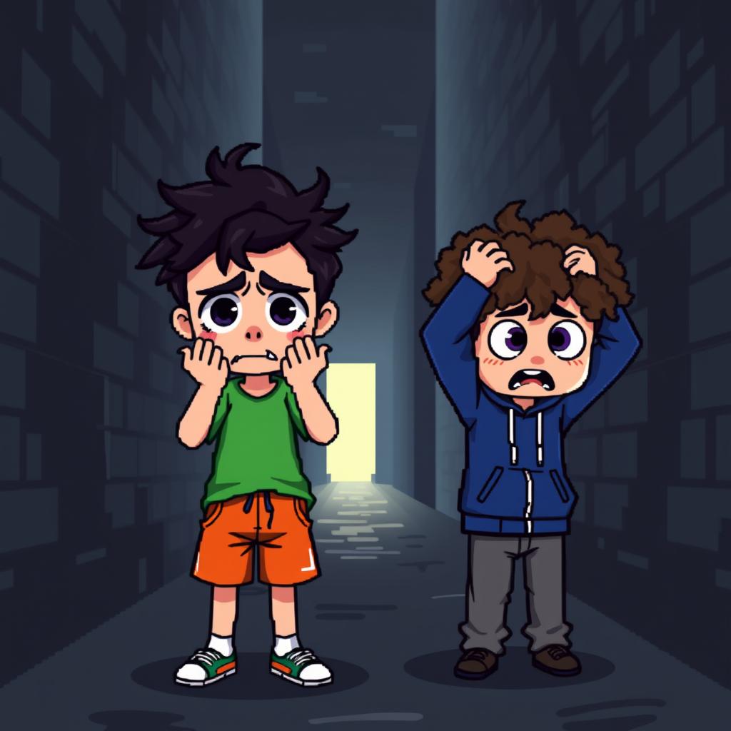 Two boys depicted in a pixel art style, expressing fear