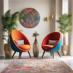 Two chairs featured in a modern Arabic setting radiating with vibrant colors, tastefully adorned with contemporary plants accentuating the stylish design.