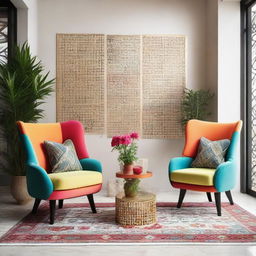 Two chairs featured in a modern Arabic setting radiating with vibrant colors, tastefully adorned with contemporary plants accentuating the stylish design.