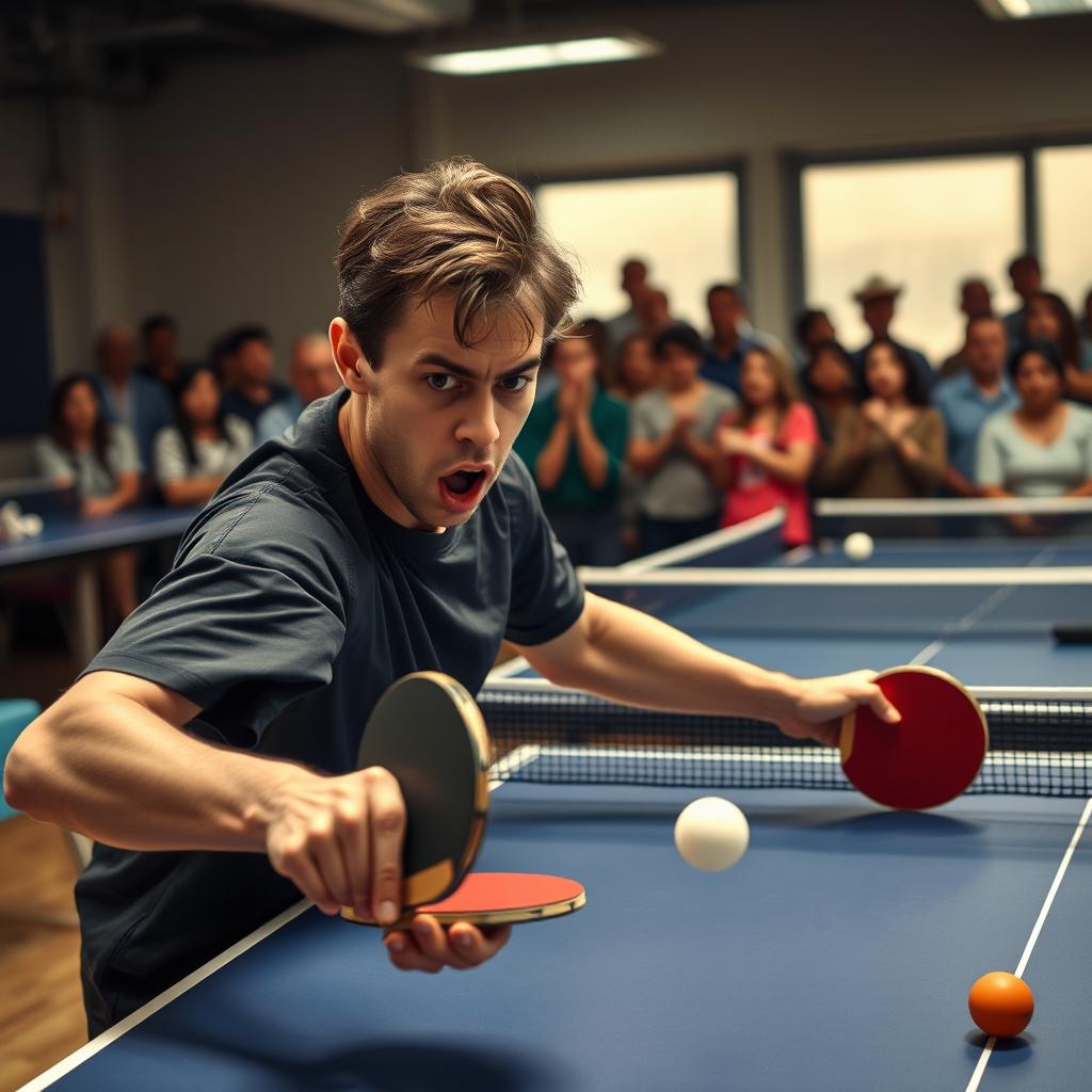 A dramatic scene capturing a person playing table tennis, with an intense focus on their concentration as they prepare to serve