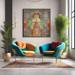 Two chairs featured in a modern Arabic setting radiating with vibrant colors, tastefully adorned with contemporary plants accentuating the stylish design.