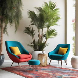 Two chairs featured in a modern Arabic setting radiating with vibrant colors, tastefully adorned with contemporary plants accentuating the stylish design.