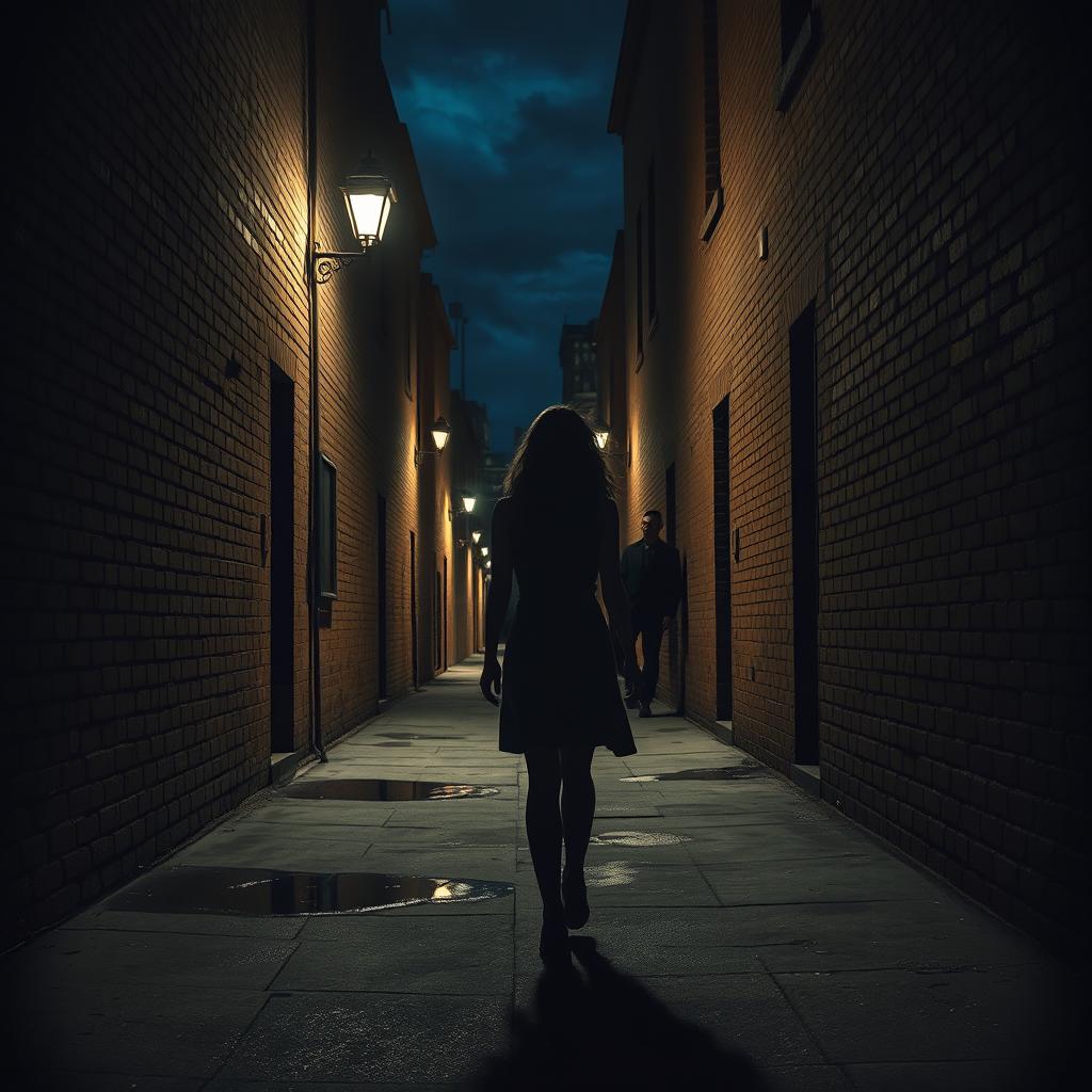 A female figure walking in a narrow alleyway of a city at night, illuminated by dim streetlights