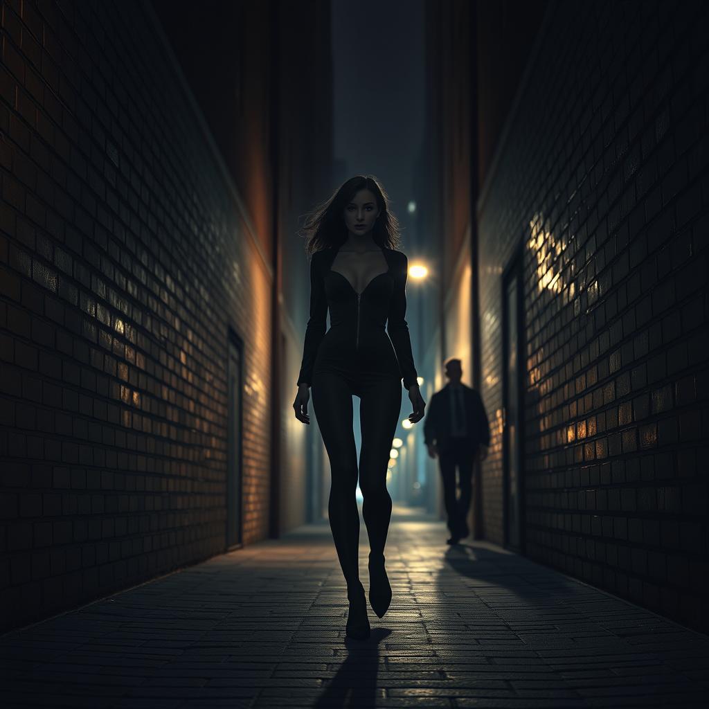 A female figure walking in a narrow alleyway of a city at night, illuminated by soft streetlights creating a moody atmosphere
