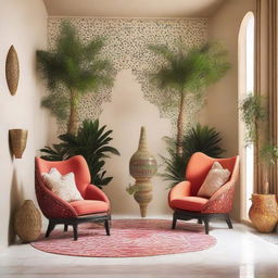 Two chairs situated in a vivid, modern Arabic setting, enhanced by a flourish of contemporary plants complementing the color-rich decor.