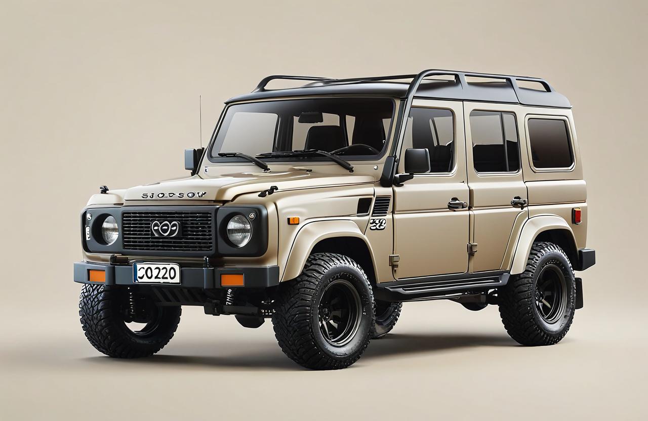 Recreate this car in a 3D render. Ultra-realistic image. Beige cream-colored background. The car yellow