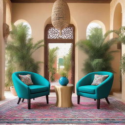 Two chairs situated in a vivid, modern Arabic setting, enhanced by a flourish of contemporary plants complementing the color-rich decor.