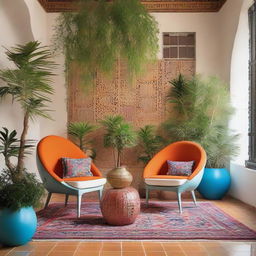 Two chairs situated in a vivid, modern Arabic setting, enhanced by a flourish of contemporary plants complementing the color-rich decor.