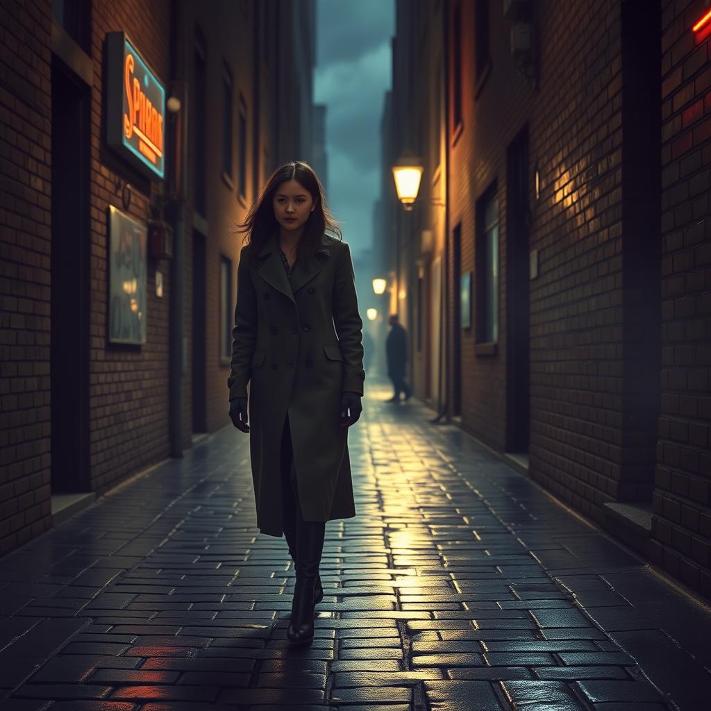 A young woman with dark hair wearing a long coat walks determinedly through a narrow, cobblestone urban alley