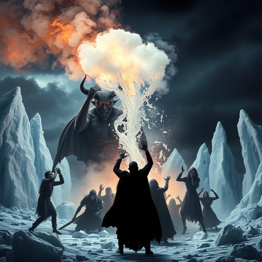 A dramatic scene set in an ice hell, featuring a menacing devil figure who is hurling boiling water onto a group of sinners