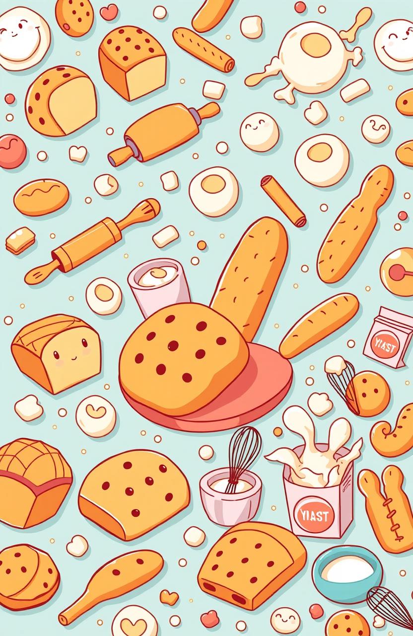 A vibrant and fun illustration featuring an array of cartoon-style images depicting various types of bread, such as loaves, baguettes, and rolls, alongside whimsical baking tools like rolling pins, whisks, and mixing bowls