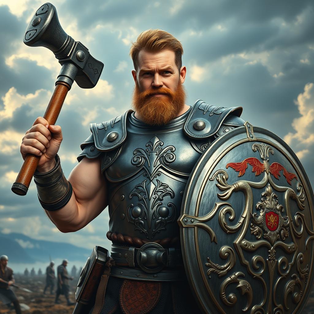 A strong, middle-aged man in a polished, ornate breastplate, wielding a hefty warhammer in one hand and a large, decorative shield in the other