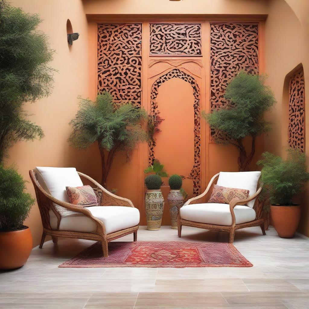 Two chairs situated in a vivid, modern Arabic setting, enhanced by a flourish of contemporary plants complementing the color-rich decor.