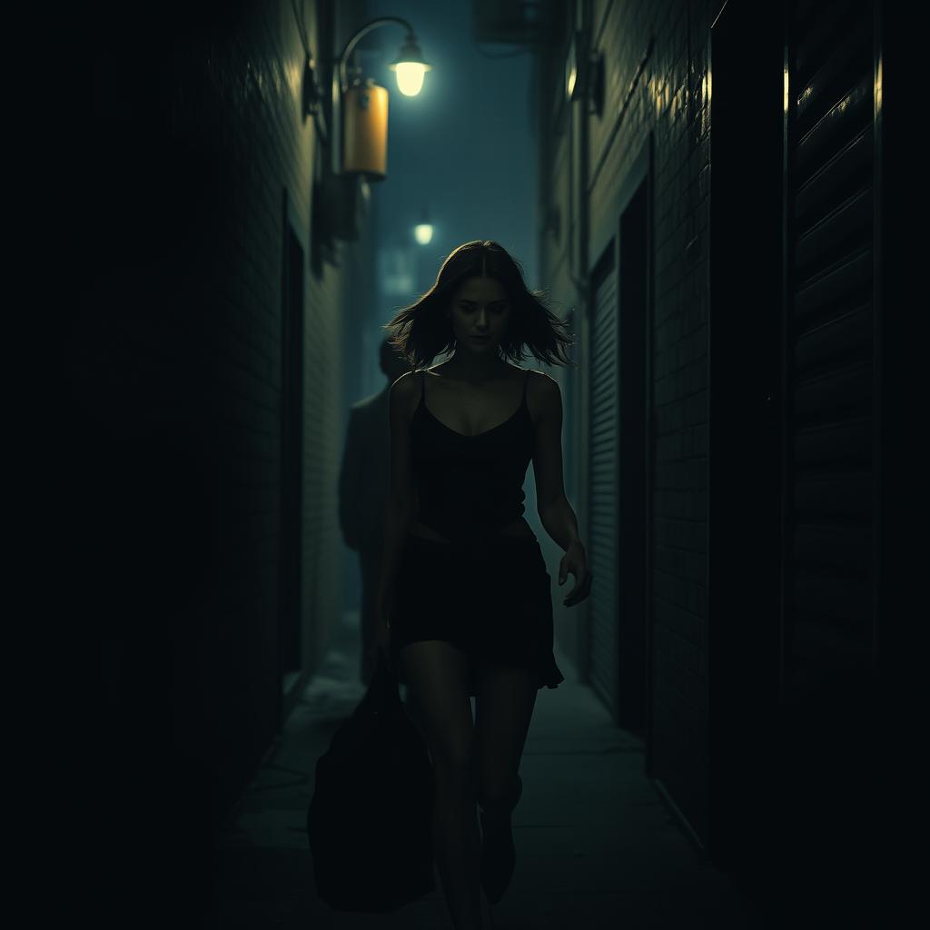A female figure walking in a narrow city alley at night