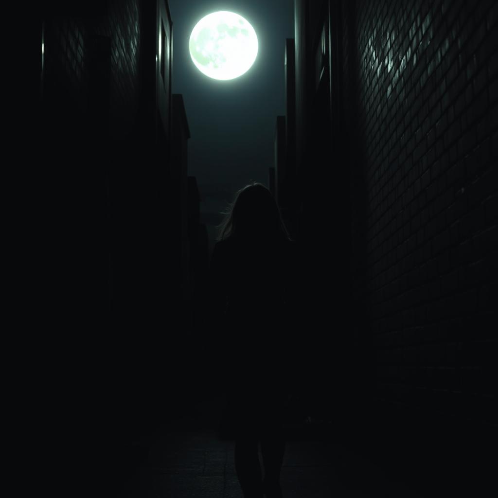 A woman walks into a dark alley in a city, with the moon brightly illuminating the path ahead of her