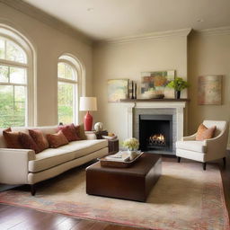 An elegantly decorated living room with a cozy touch, feature cream-colored walls, hardwood floors, a fireplace, modern furniture with vibrant color accents, and tasteful artwork.