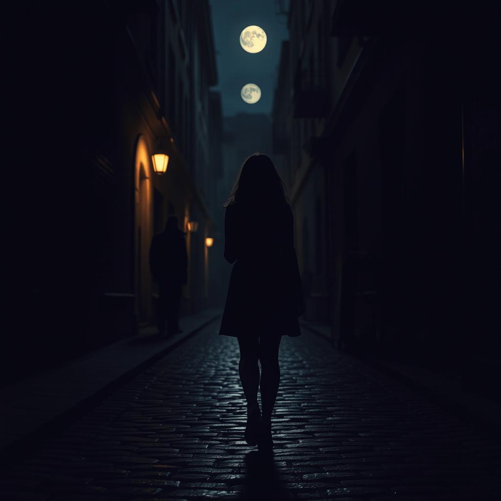 A woman walking down a dark alley in a city, heading towards the background where the moon is visible