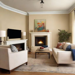 An elegantly decorated living room with a cozy touch, feature cream-colored walls, hardwood floors, a fireplace, modern furniture with vibrant color accents, and tasteful artwork.