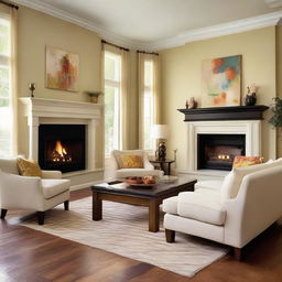 An elegantly decorated living room with a cozy touch, feature cream-colored walls, hardwood floors, a fireplace, modern furniture with vibrant color accents, and tasteful artwork.