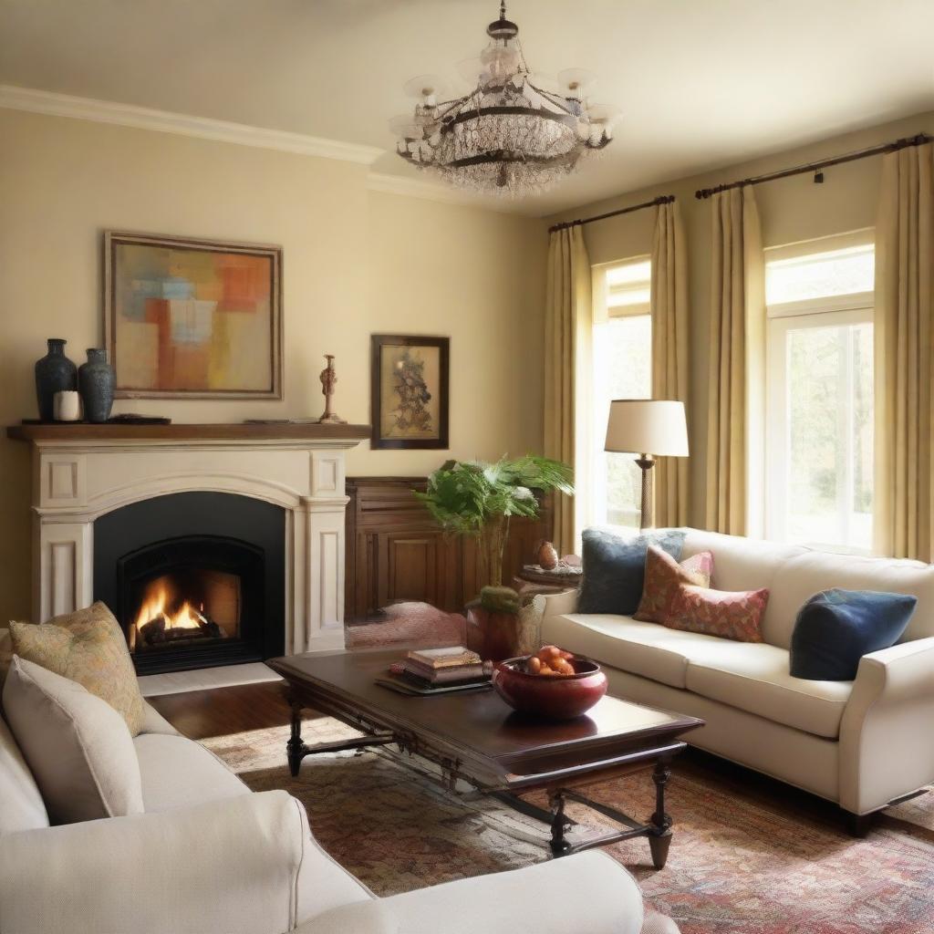 An elegantly decorated living room with a cozy touch, feature cream-colored walls, hardwood floors, a fireplace, modern furniture with vibrant color accents, and tasteful artwork.