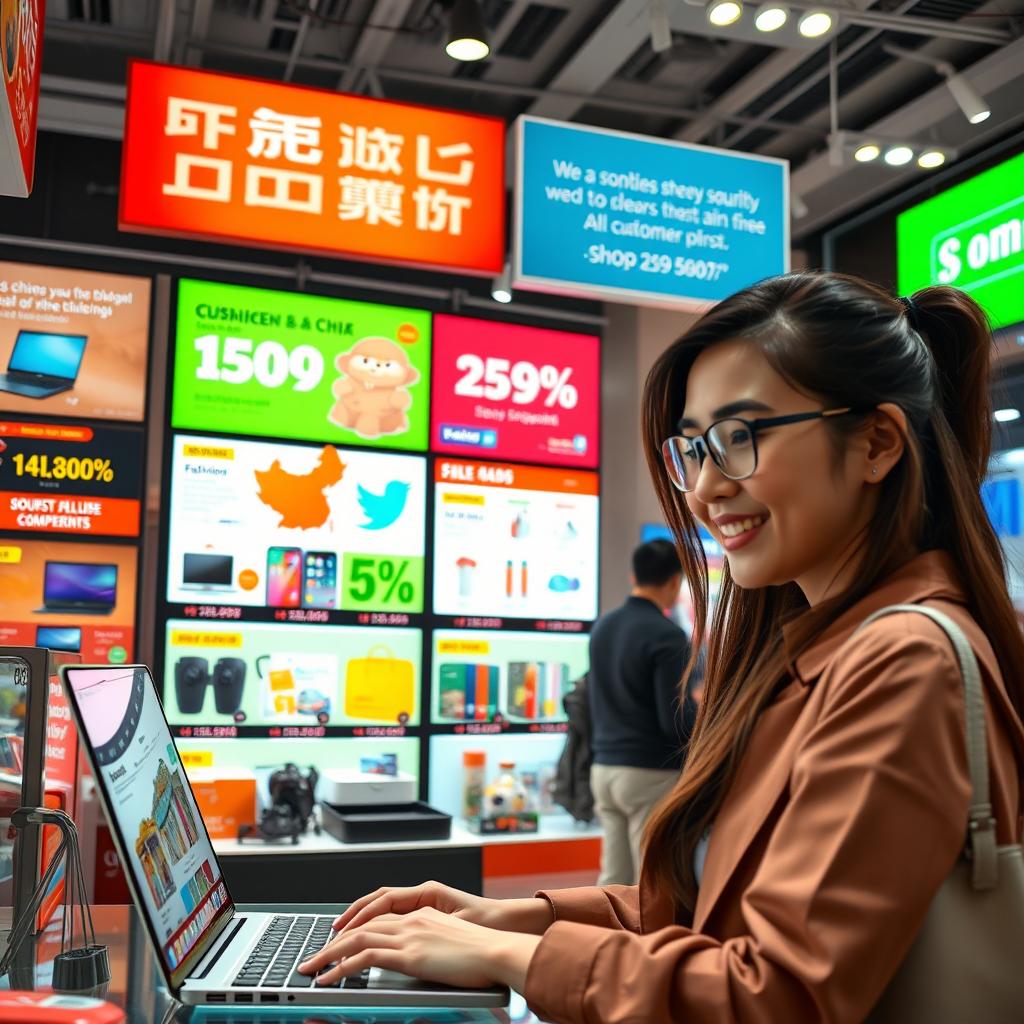 A bustling online shopping scene showcasing a vibrant e-commerce platform, featuring a wide array of products from China such as electronics, fashion, and home goods all displayed with competitive pricing