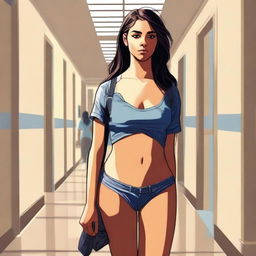 A high-quality digital art image that portrays a college-aged girl standing in a college corridor