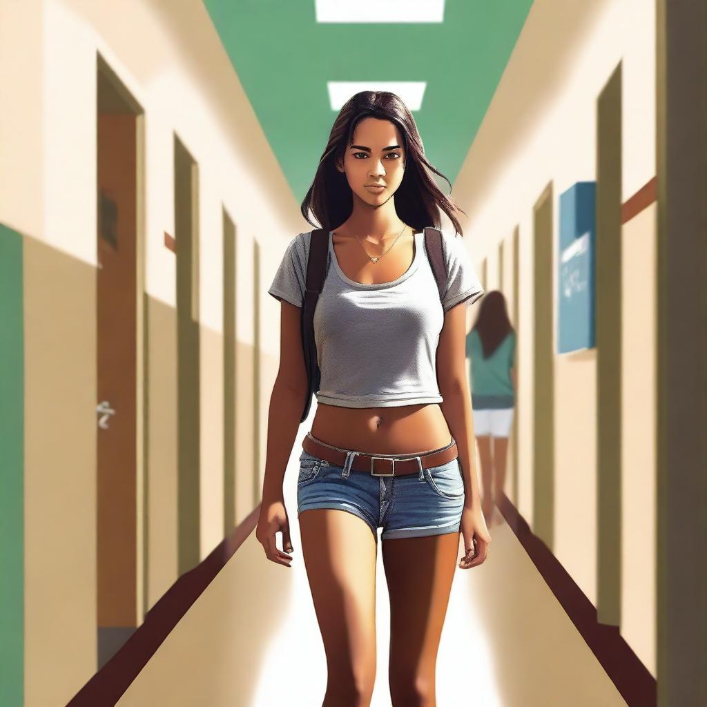 A high-quality digital art image that portrays a college-aged girl standing in a college corridor