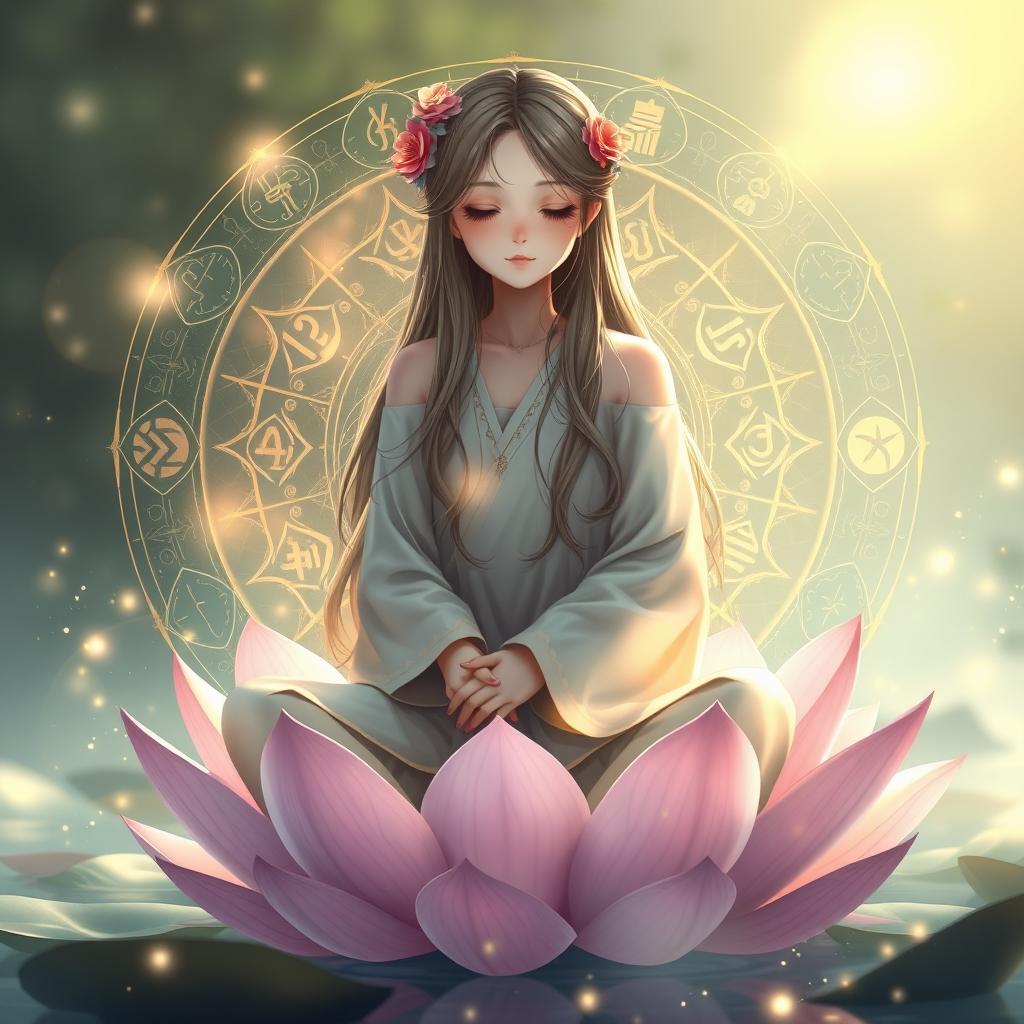 A serene scene depicting a girl sitting gracefully on a lotus flower, surrounded by a beautifully designed summoning circle in the background