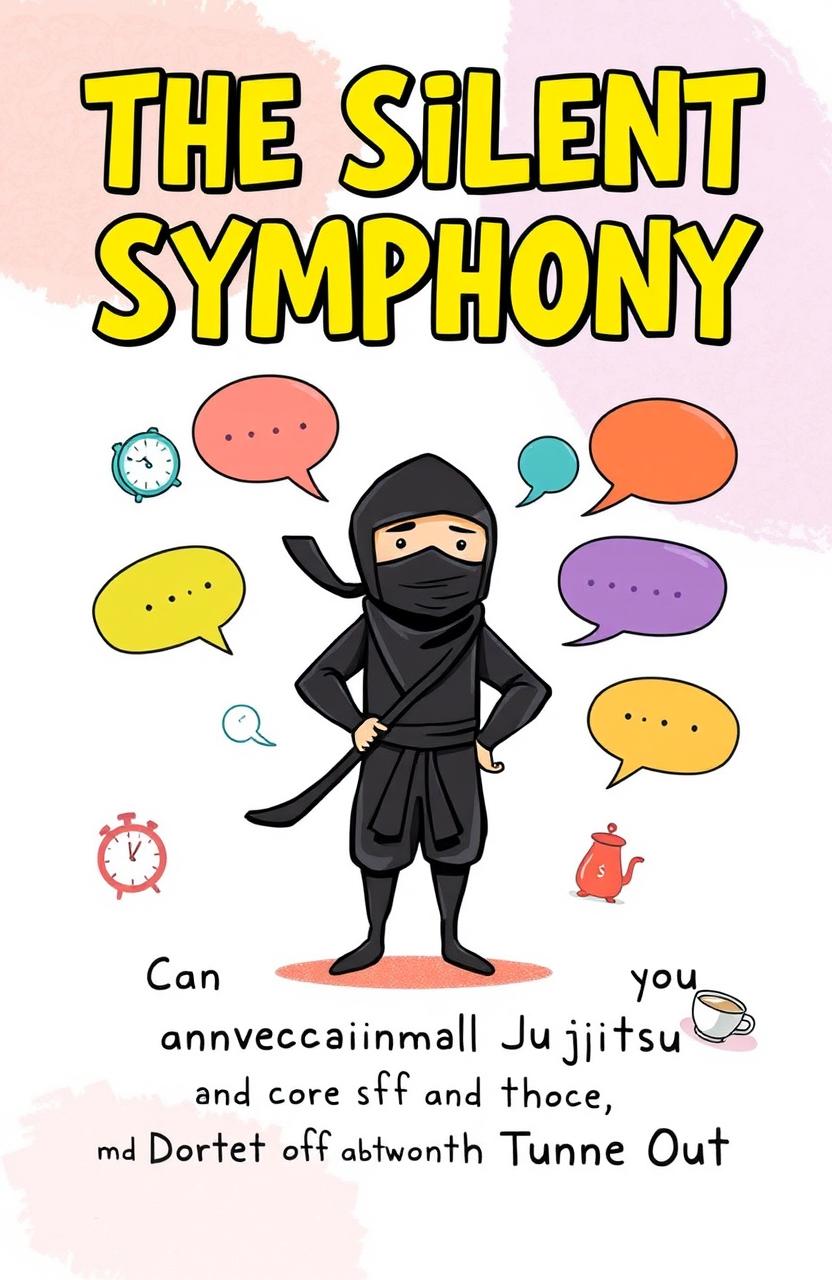 A whimsical book cover for a humorous guide titled 'The Silent Symphony: Conversational Jujitsu and the (Sort of) Art of Tuning Out'